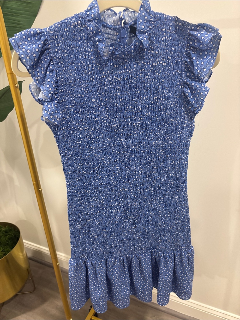 French Connection Blue Smocked Ruffle Dress with Print
